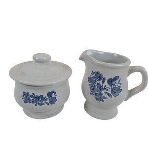 Pfaltzgraff Yorktowne Creamer & Sugar Set With Lid Blue Floral Stoneware Vintage